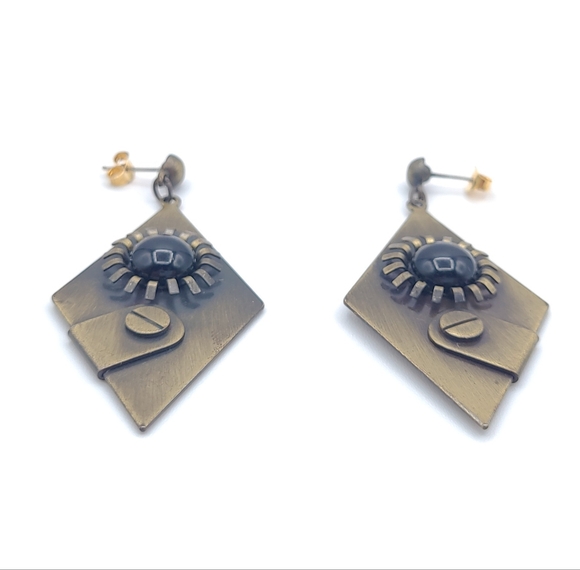 Art Deco with a Steam Punk Vibe -  Gold and Black Geometric Earrings - Picture 6 of 10